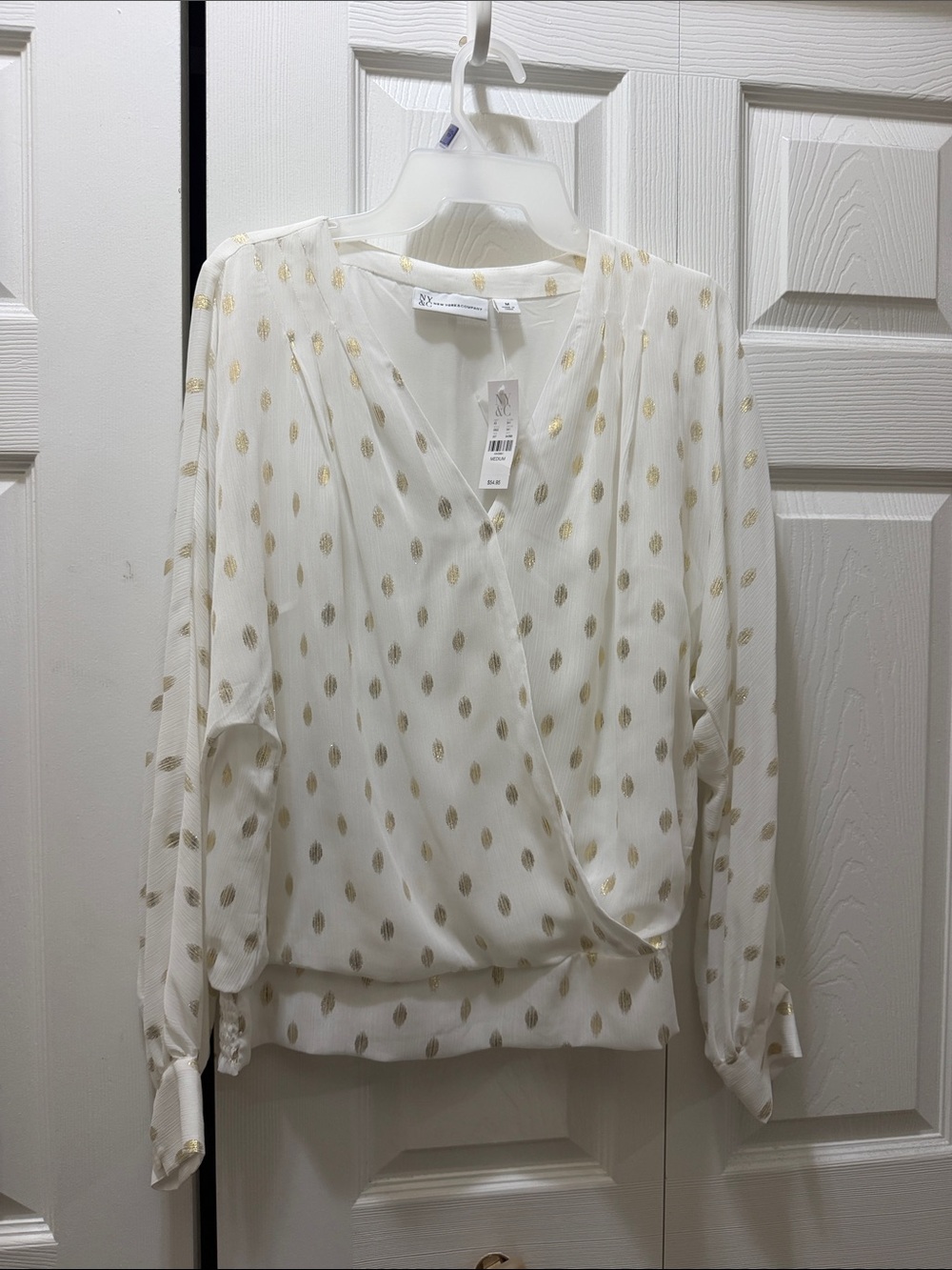 White & Gold Wrap-Style Blouse - Lightweight Long Sleeve Top